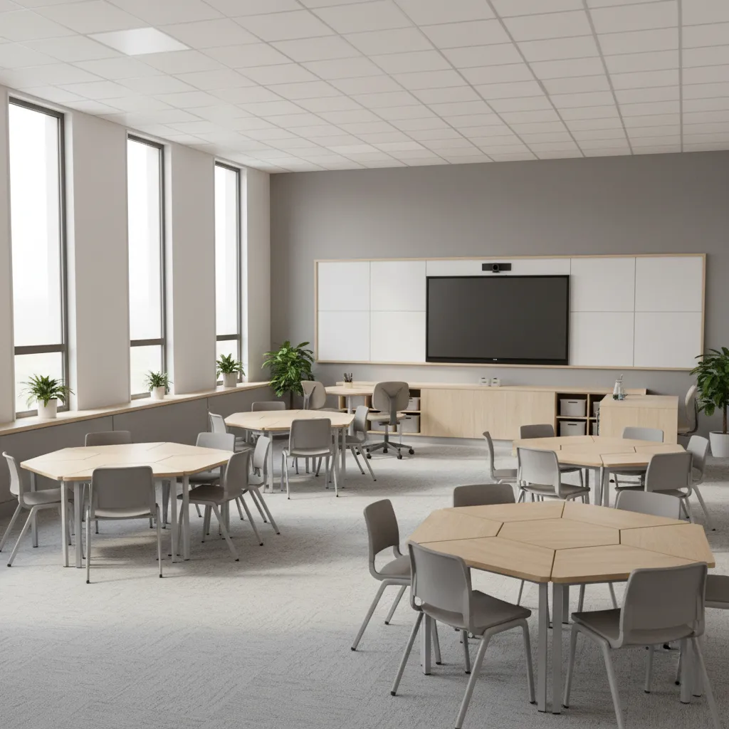 Flexible classroom layout with movable desks and teaching wall