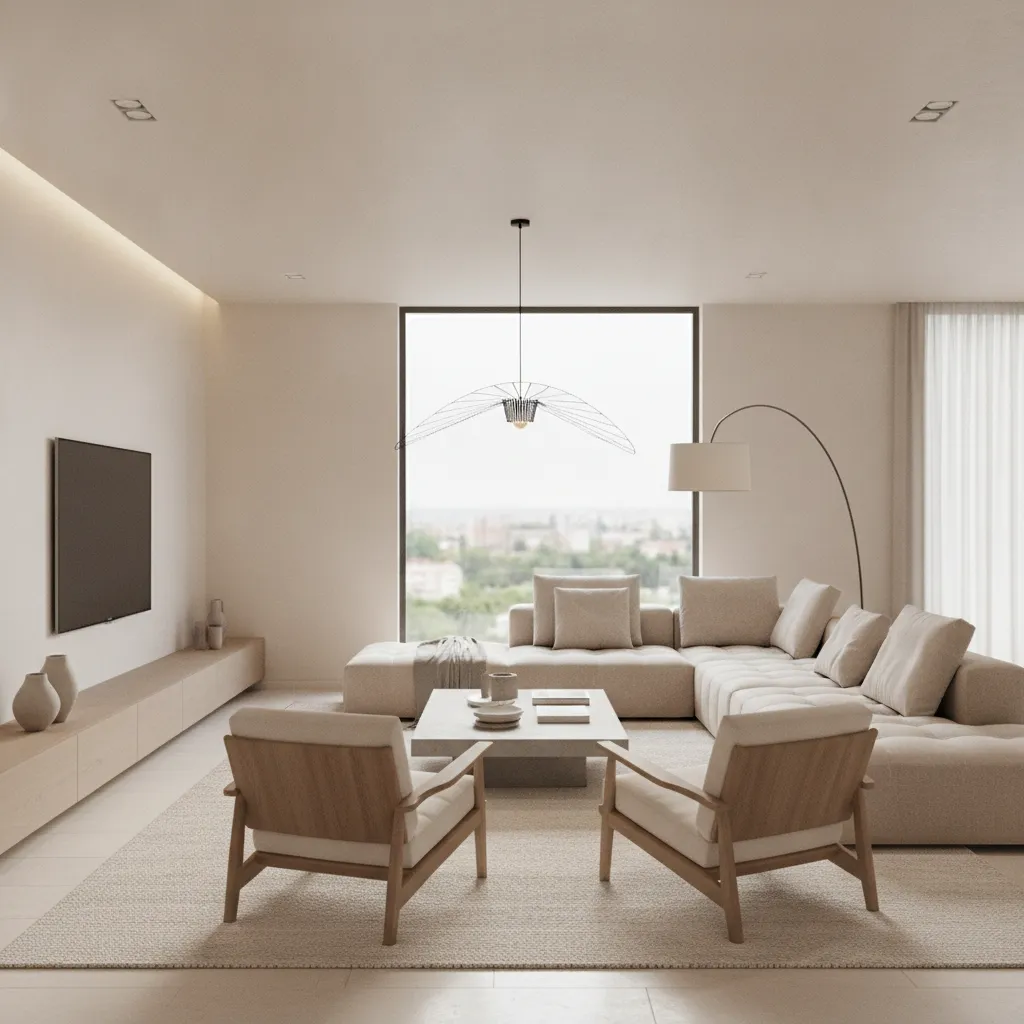 Flexible modern living room with movable seating and layered lighting