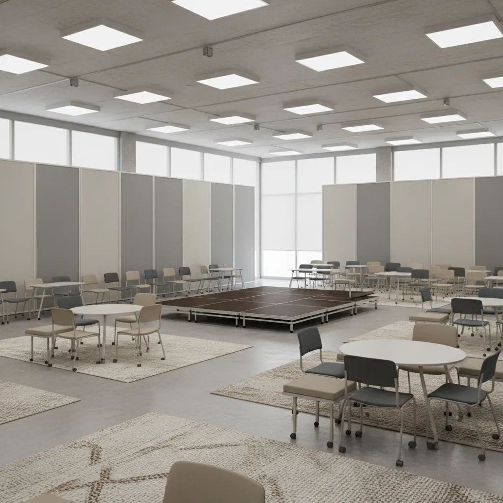 modular community hall layout with movable seating and partitions