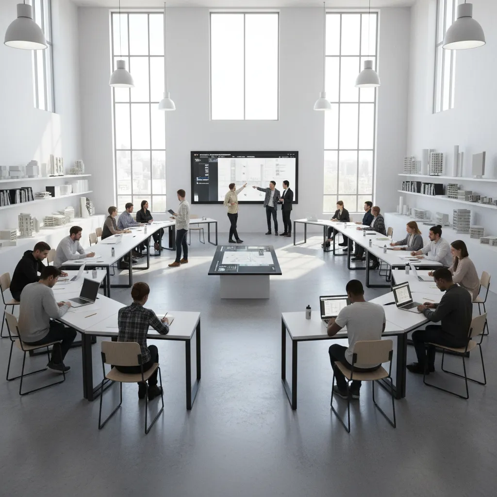 modular tables arranged in arc formation inside architecture studio classroom