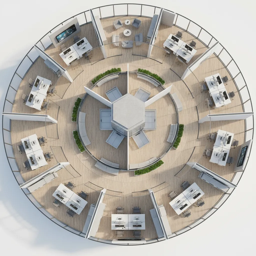 flexible office tower floorplate layout with modular workspace zones and central core