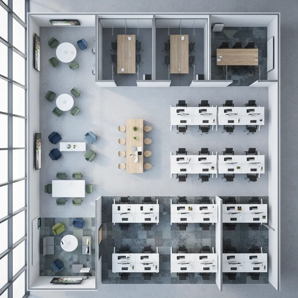 flexible office floor layout showing collaborative workspaces and desks