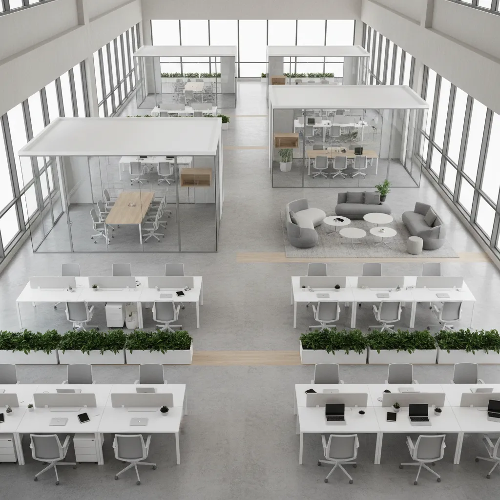 modern flexible office layout plan with open workspace and meeting areas