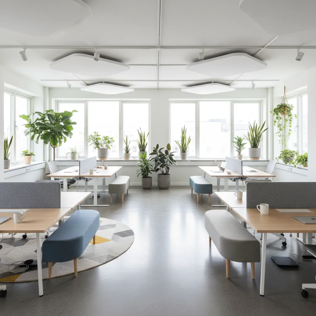 Espacio de trabajo flexible con mesas compartidas y zonas colaborativas