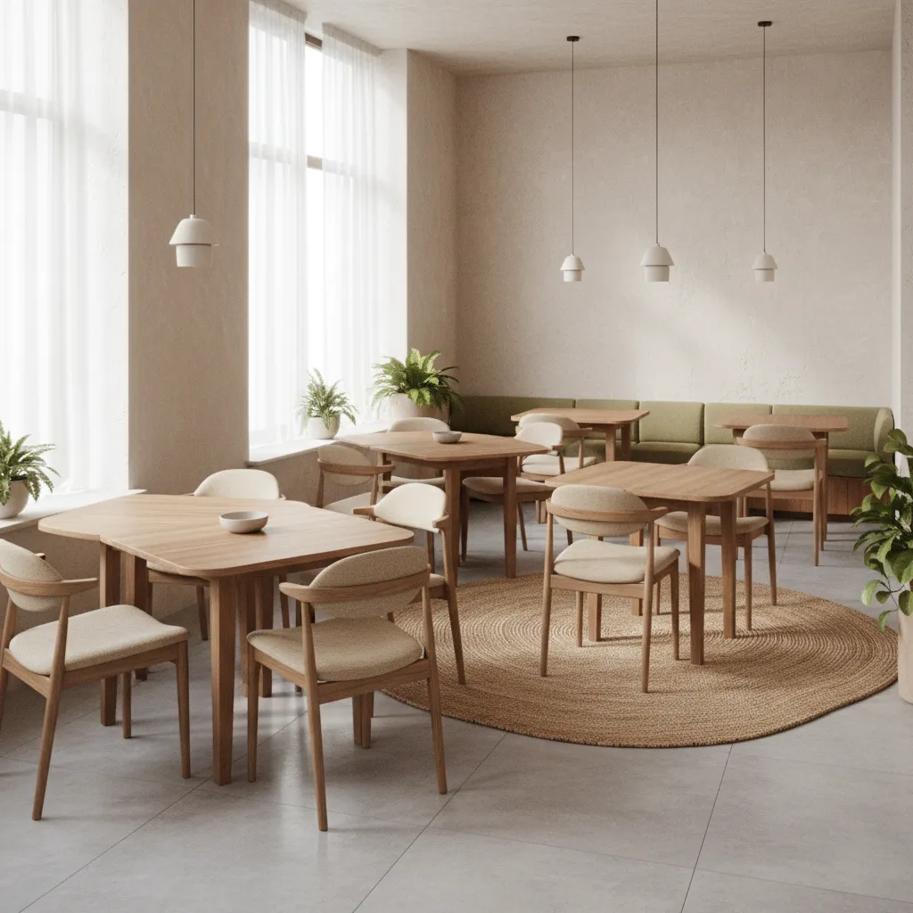 Flexible layout small guest house dining space with modular tables