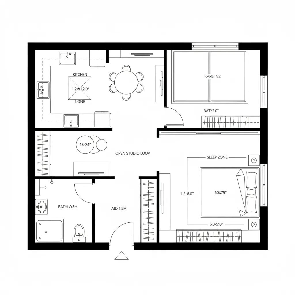 Top-down 2D CAD plan of a studio-plus 1 BHK with sliding partitions forming a flexible bedroom