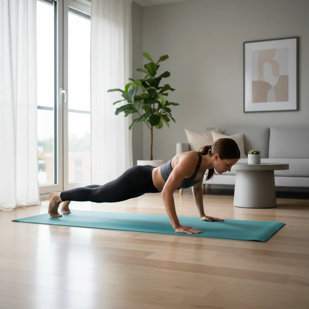 Mujer haciendo flexiones en una esterilla en casa