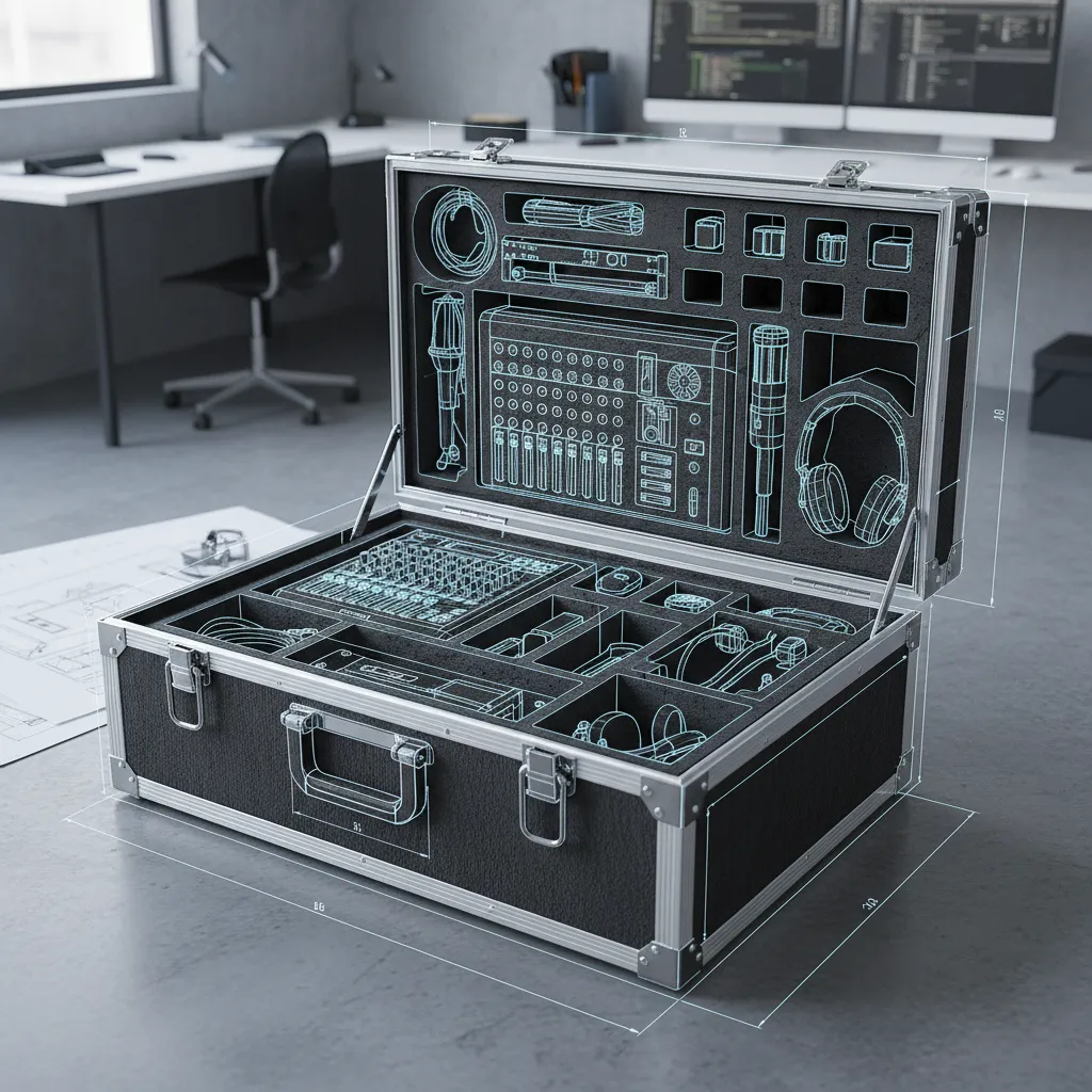 Modelo 3D de un flight case mostrando estructura y compartimentos internos