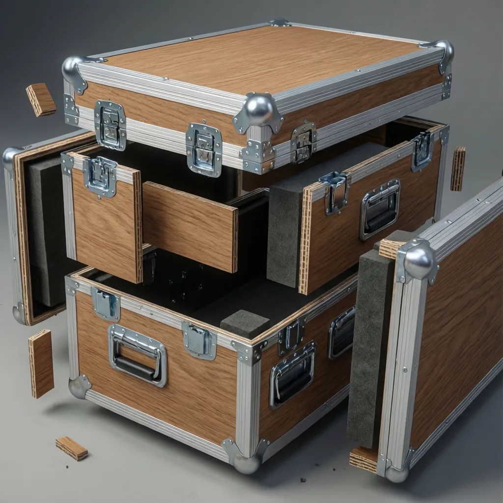 Modelo 3D de un flight case mostrando paneles, refuerzos y espuma interior