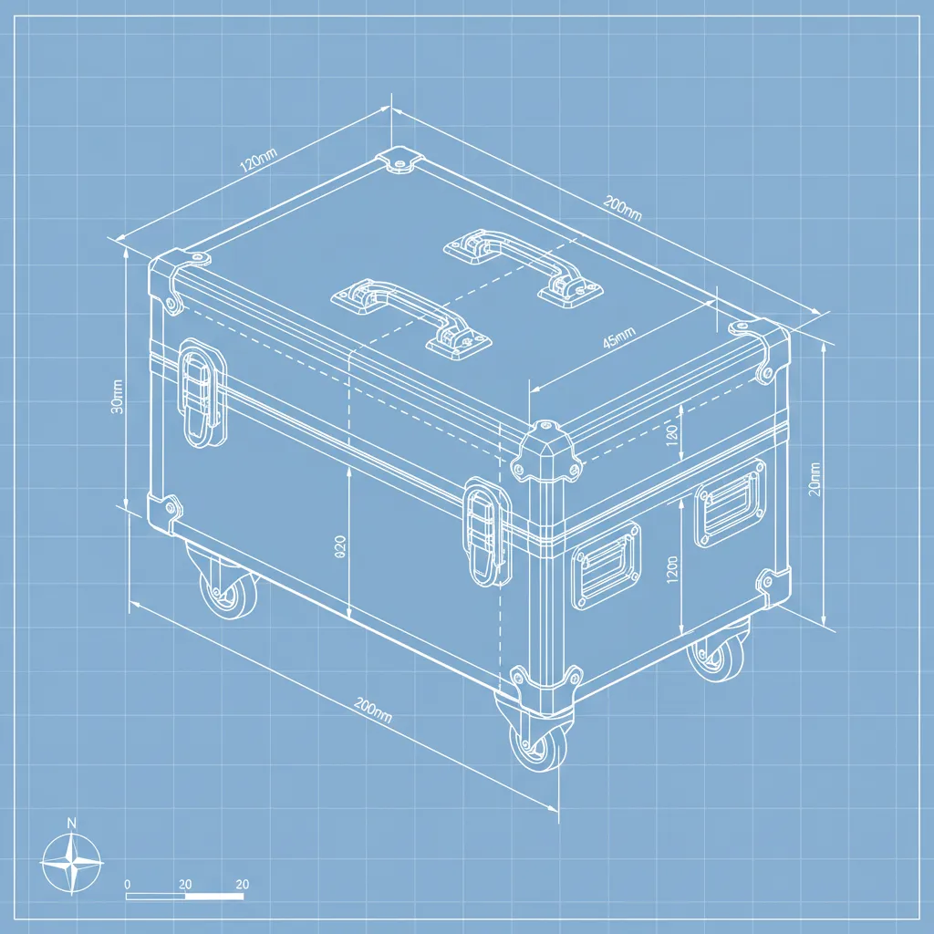 Plano técnico de un flight case con ubicación de herrajes