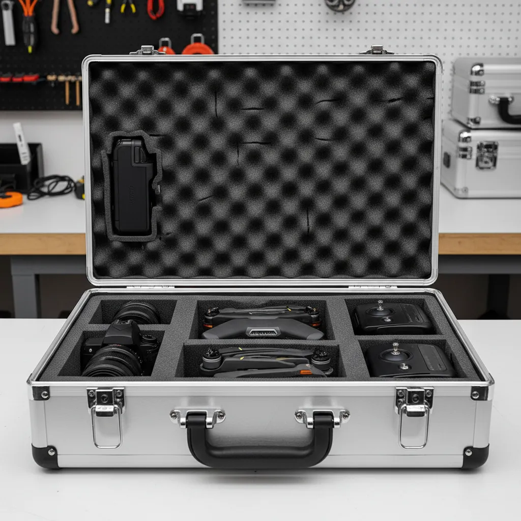Distribución interna de un flight case con espuma cortada para equipo electrónico