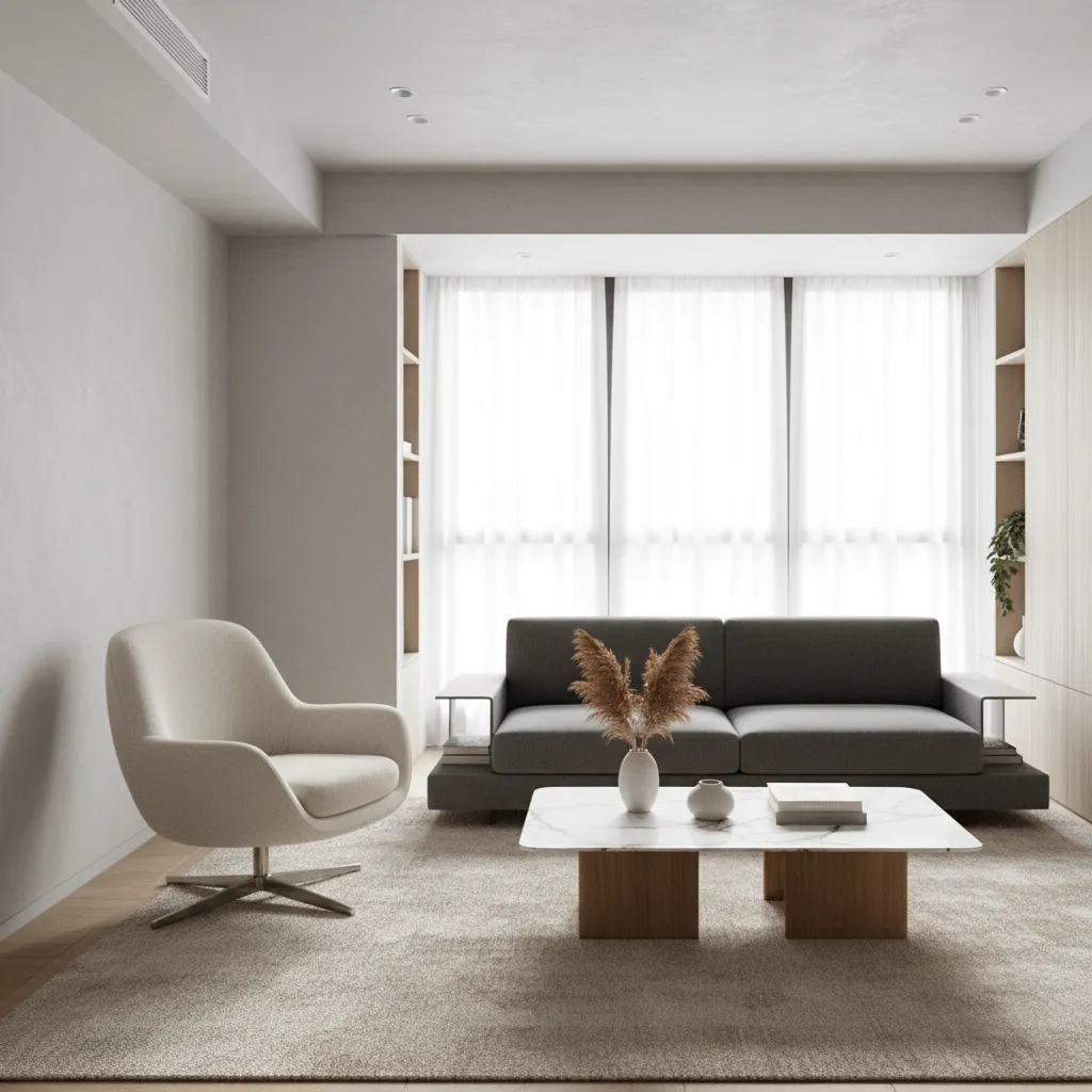 floating accent chair near coffee table in a small living room layout