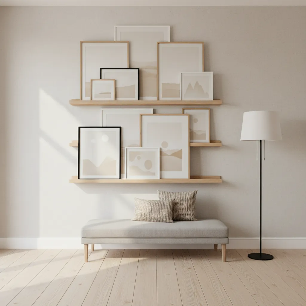 Floating picture shelves displaying layered artwork in small home