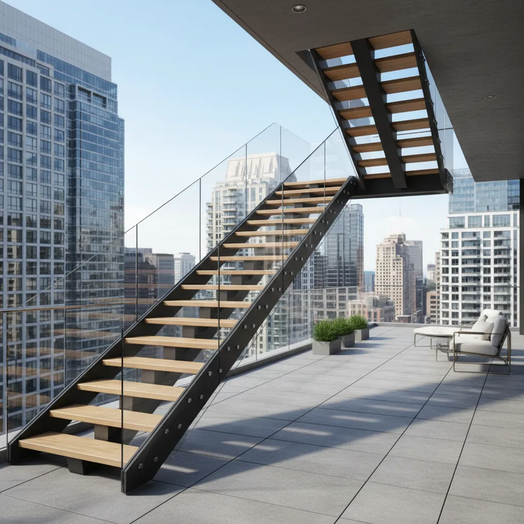 Modern floating stairs on minimalist balcony