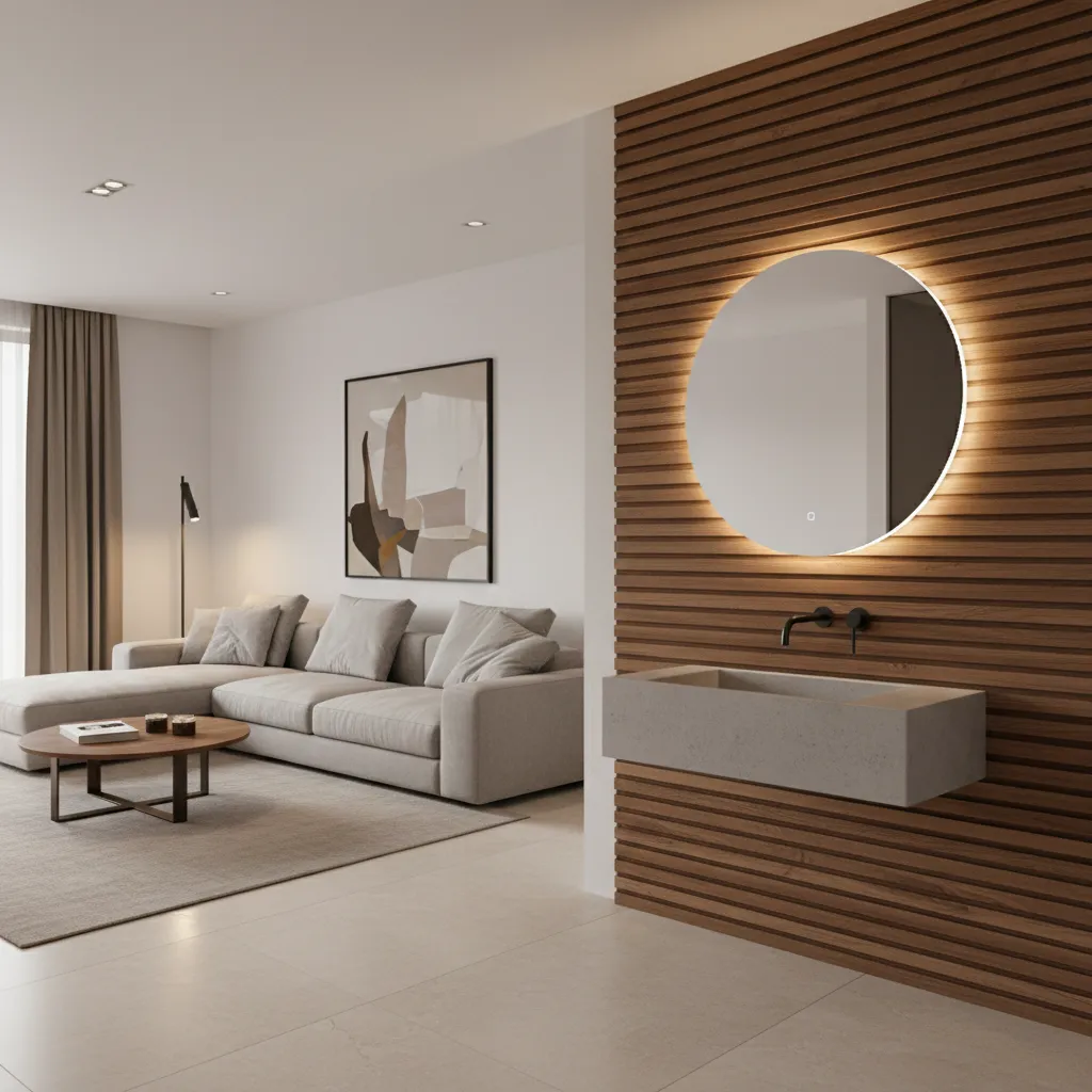 Floating wash basin with decorative wall panel in living room