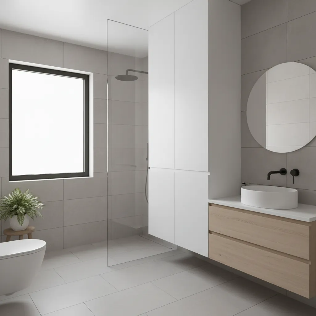 floating bathroom wardrobe cabinet mounted on wall in small bathroom