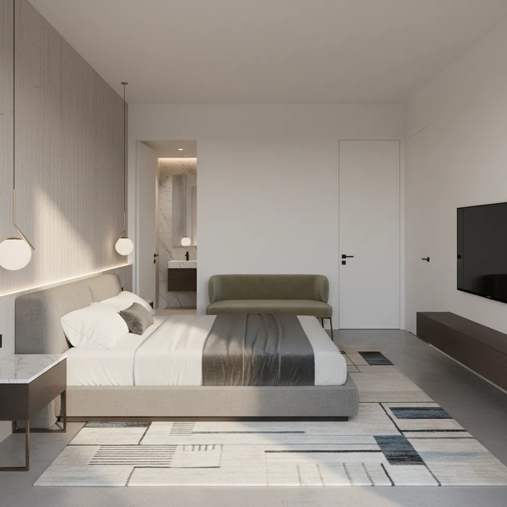 Floating bed positioned away from walls in a multi-door bedroom layout