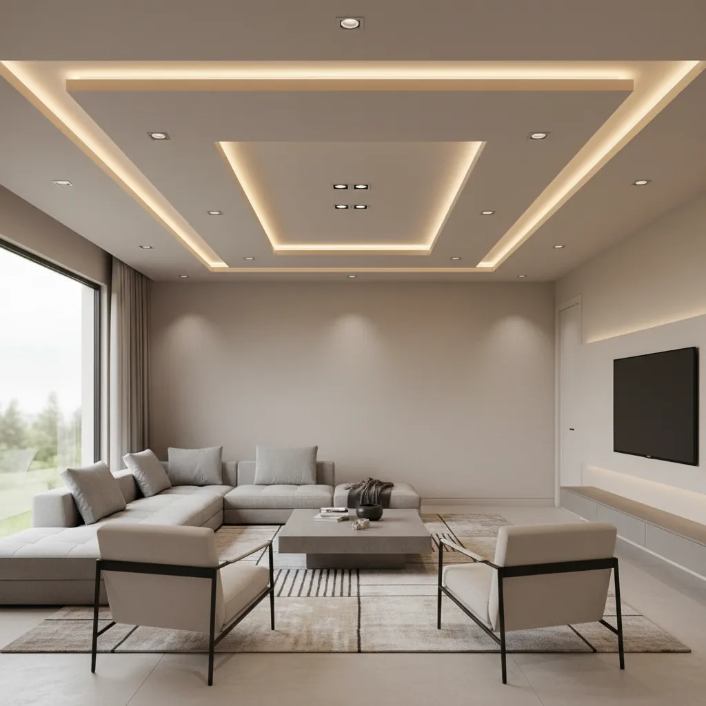 floating border POP ceiling with hidden LED lights in living hall