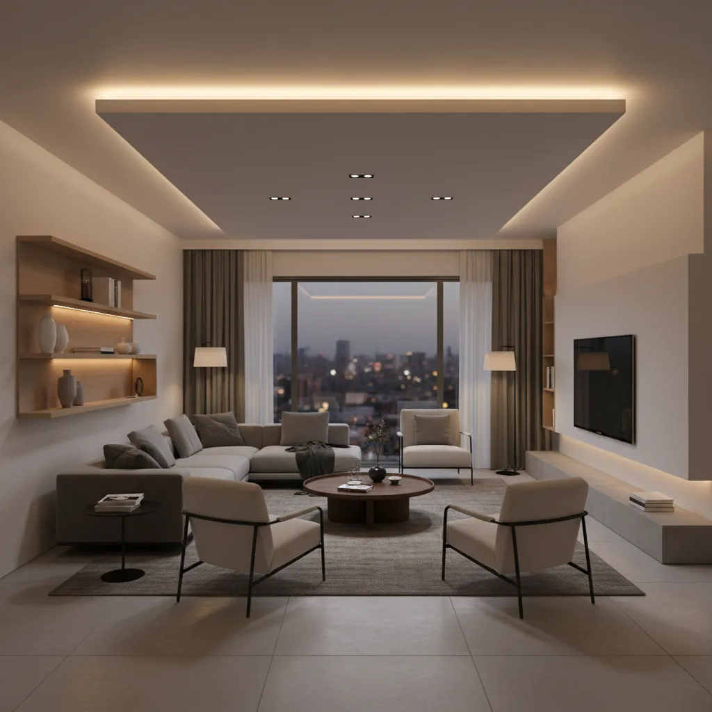 floating modern false ceiling with hidden LED lighting in living room