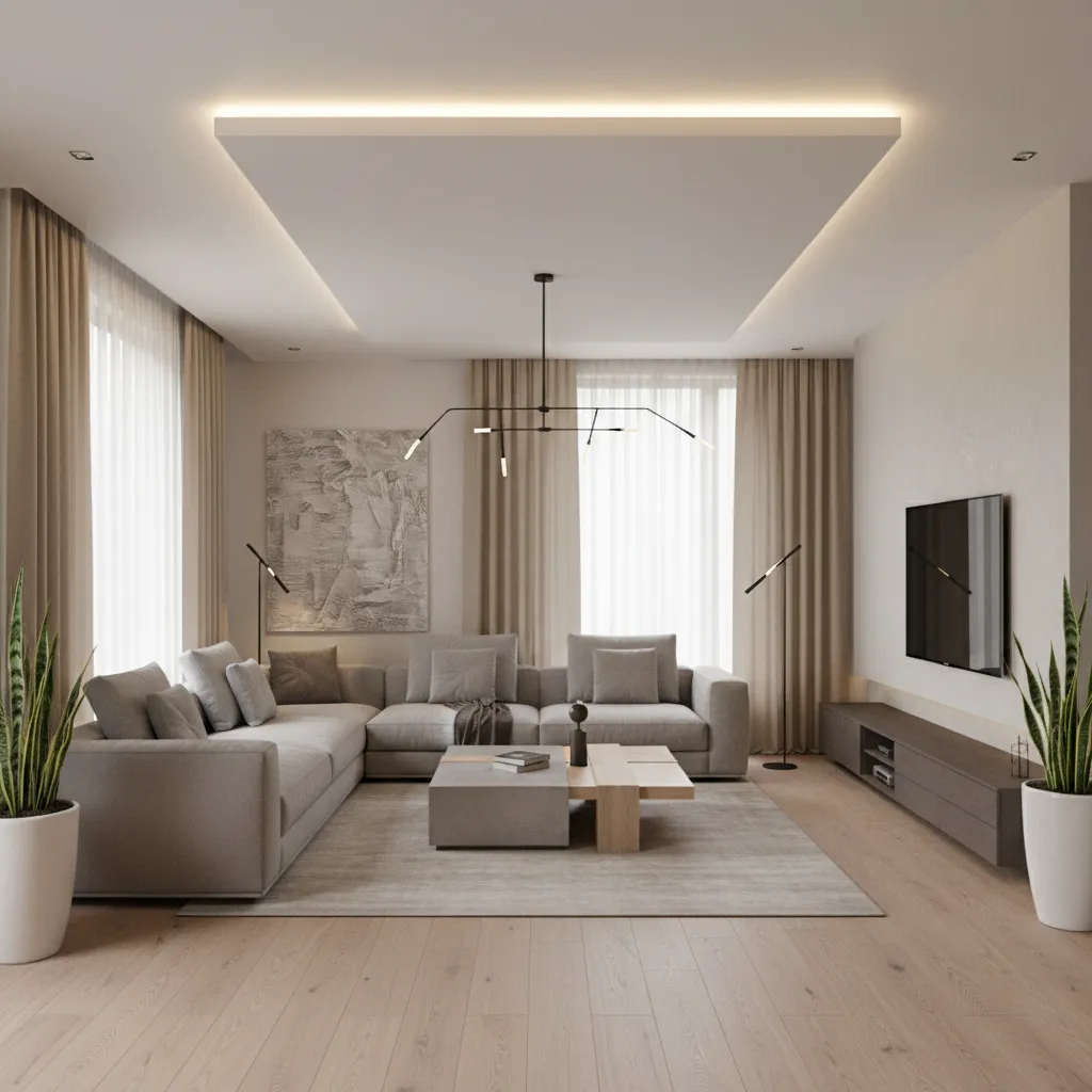 floating ceiling panel with hidden lighting in modern living room