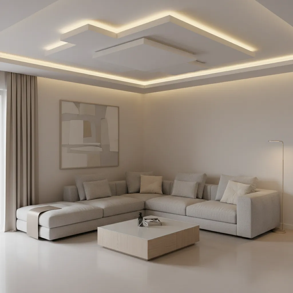 Minimal floating ceiling panels with LED edges in modern L shaped living room