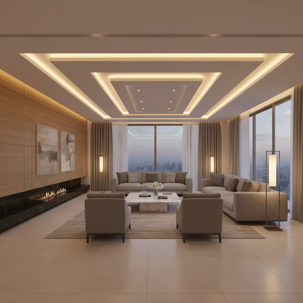 living room floating ceiling with hidden profile lighting glow