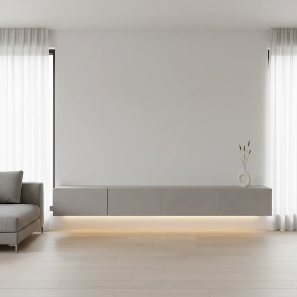 Floating cement cupboard mounted above floor in modern living room