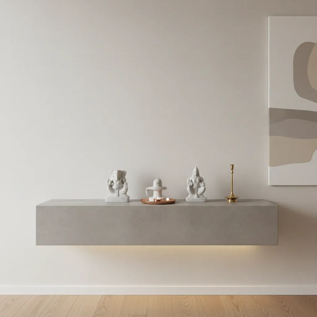 floating cement mandir shelf with LED lighting in modern home