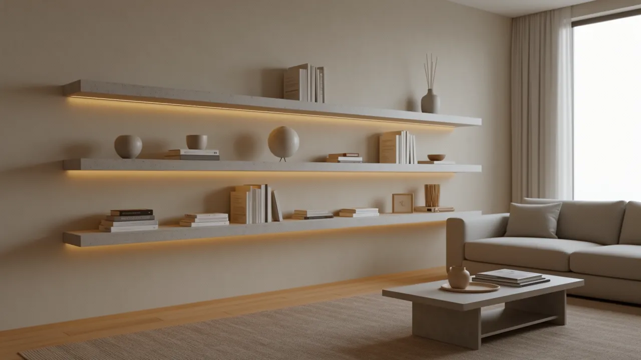 Floating cement shelves used for a hall showcase in a contemporary living room