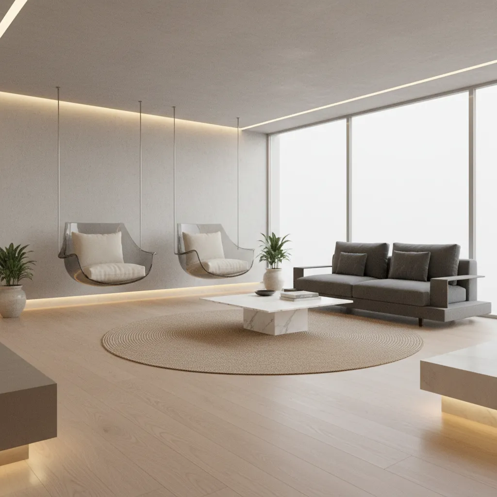 Modern living room with two hanging chairs, grey sofa, marble coffee table, and round rug