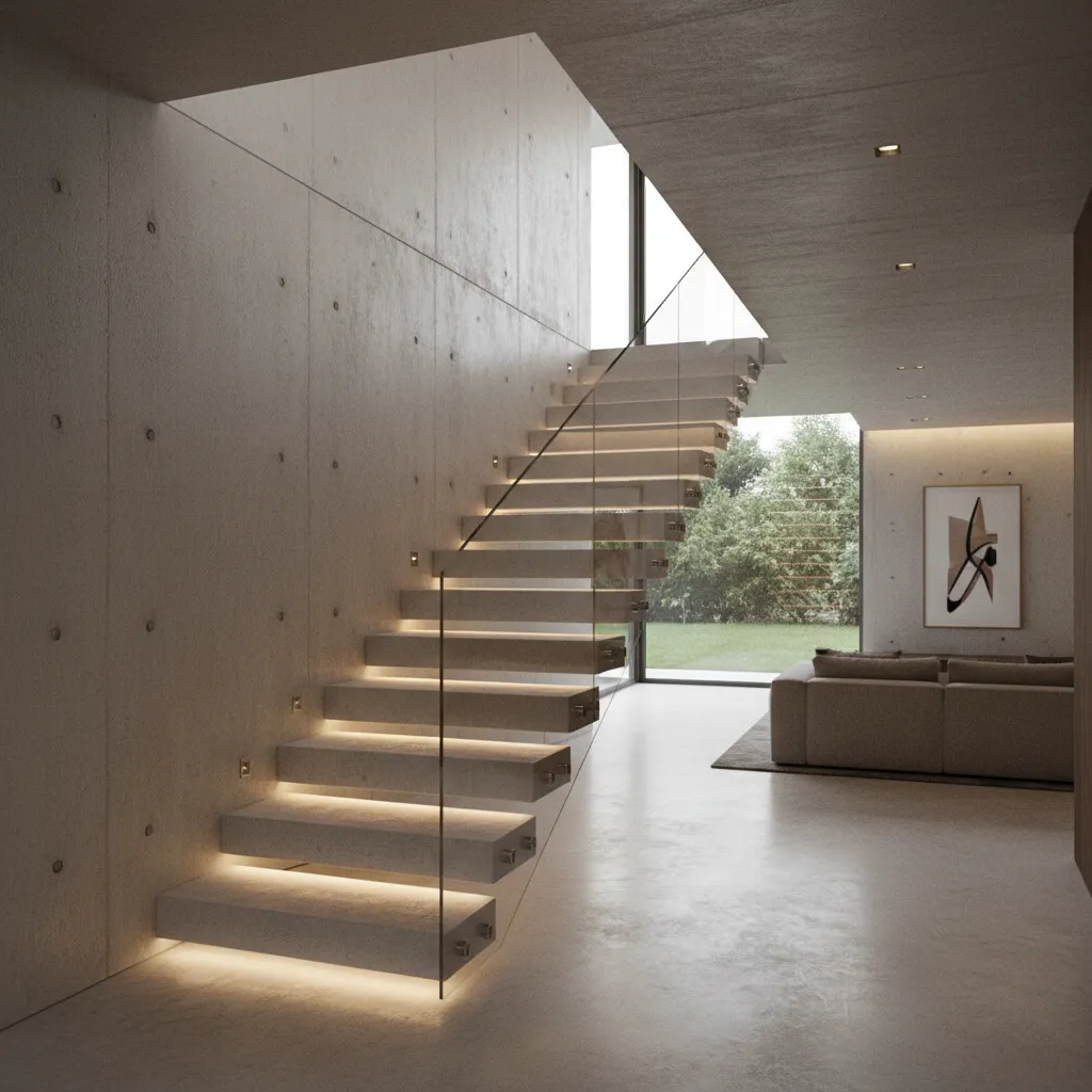 Floating concrete stairs with warm step lights and glass railing overlooking a modern living room