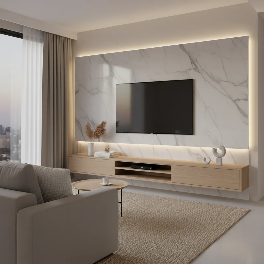 floating media console under marble TV wall in small living room