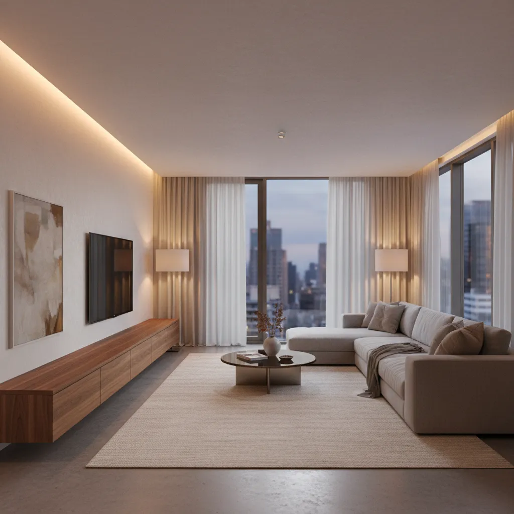 wall mounted TV with floating console storage in modern living room