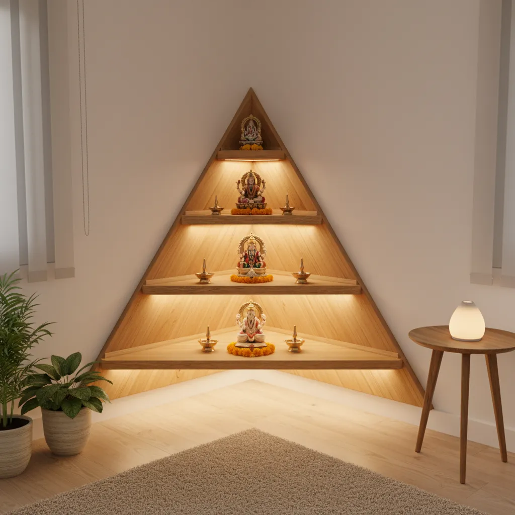 floating corner shelf pooja mandir with warm LED lighting