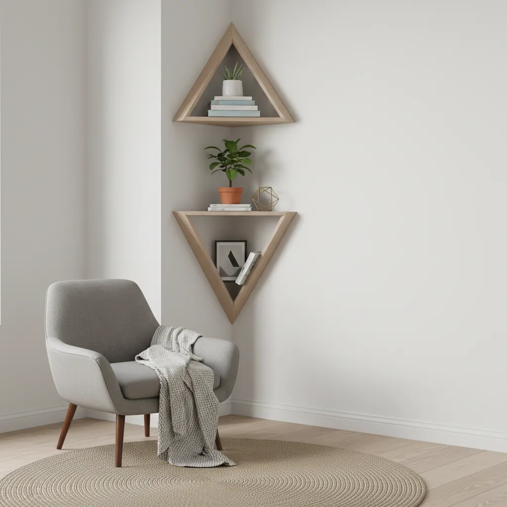 floating corner shelves with books and plants in a modern living room