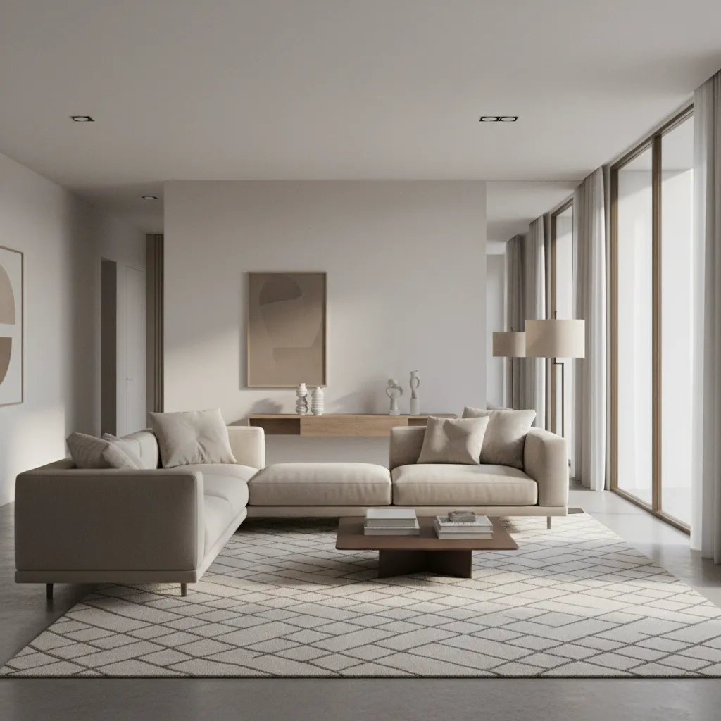 Living room with floating corner sofa layout and console table behind