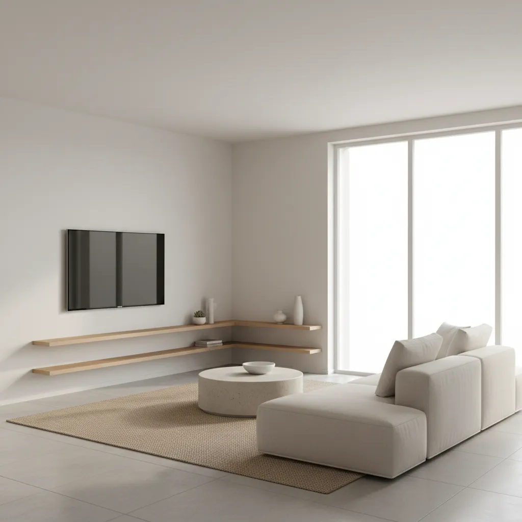Minimal floating shelves with wall mounted TV in a corner setup