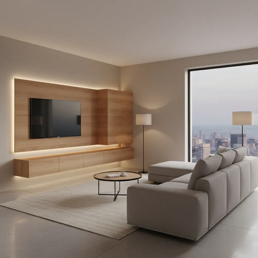 Modern floating corner TV stand with wall mounted television