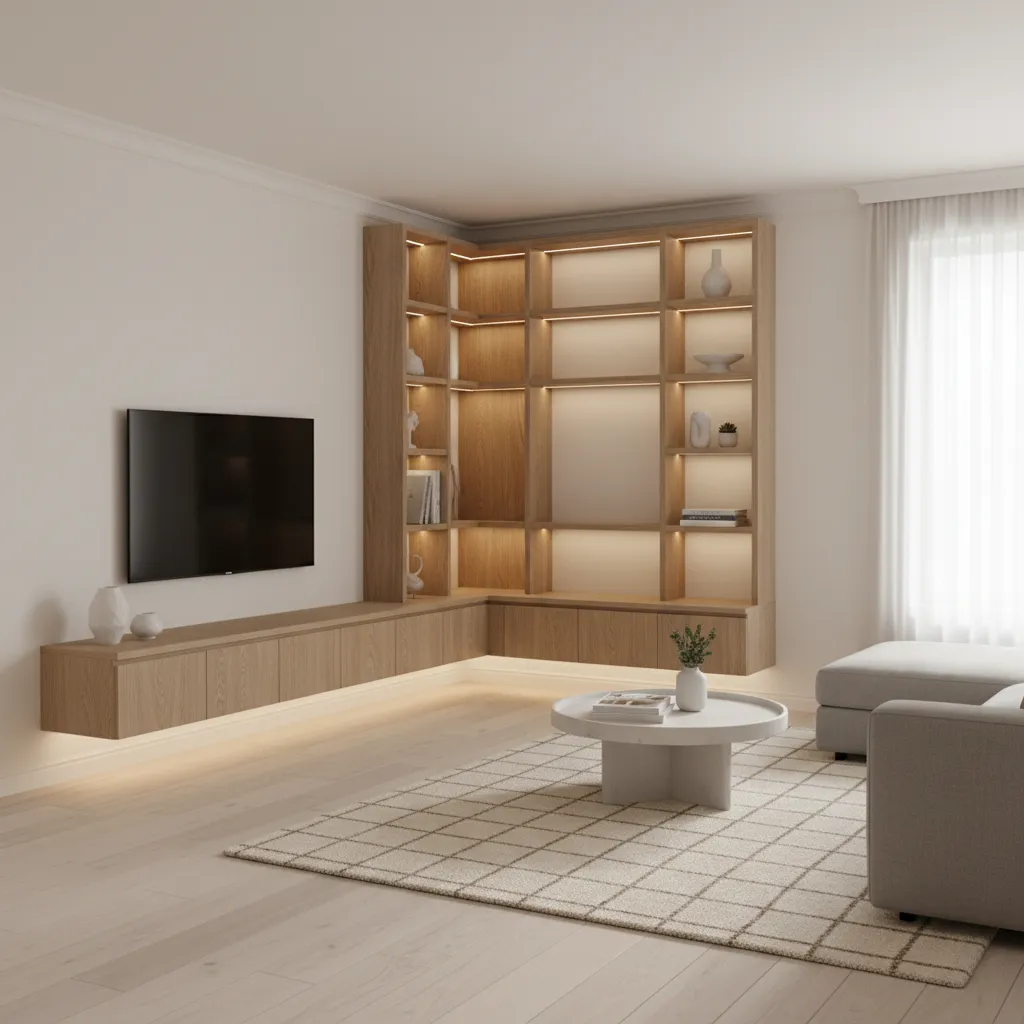 floating corner TV console with decorative shelves