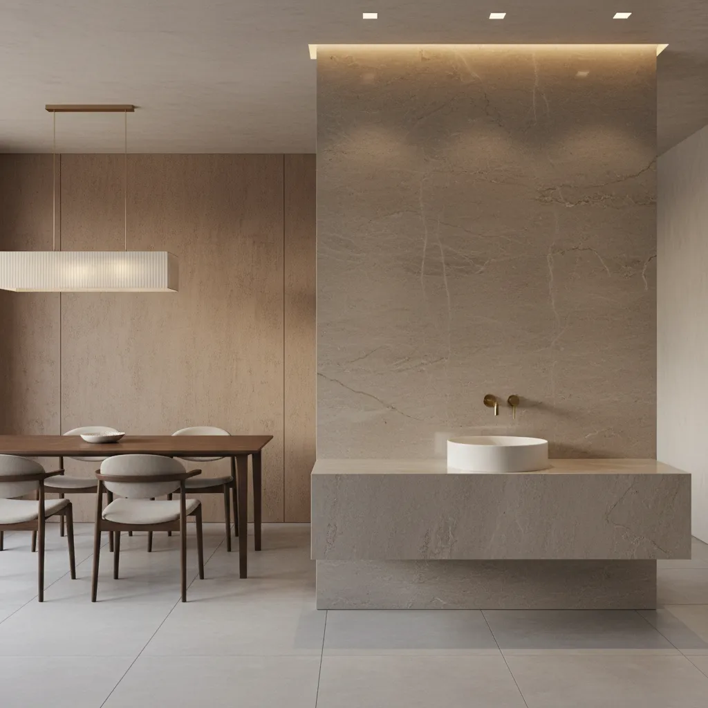 Floating countertop wash basin design with stone backsplash near dining area