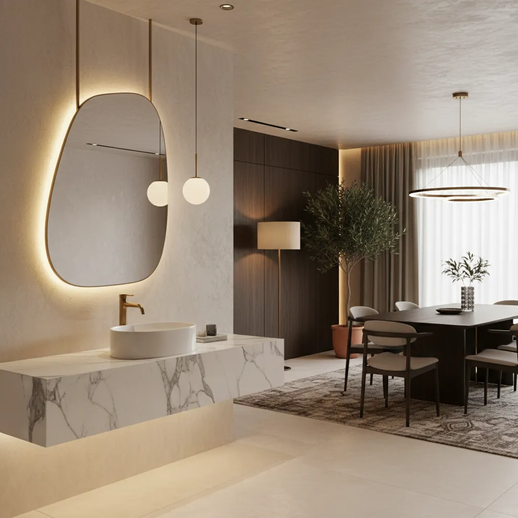 Floating marble countertop with vessel basin in a dining room setting