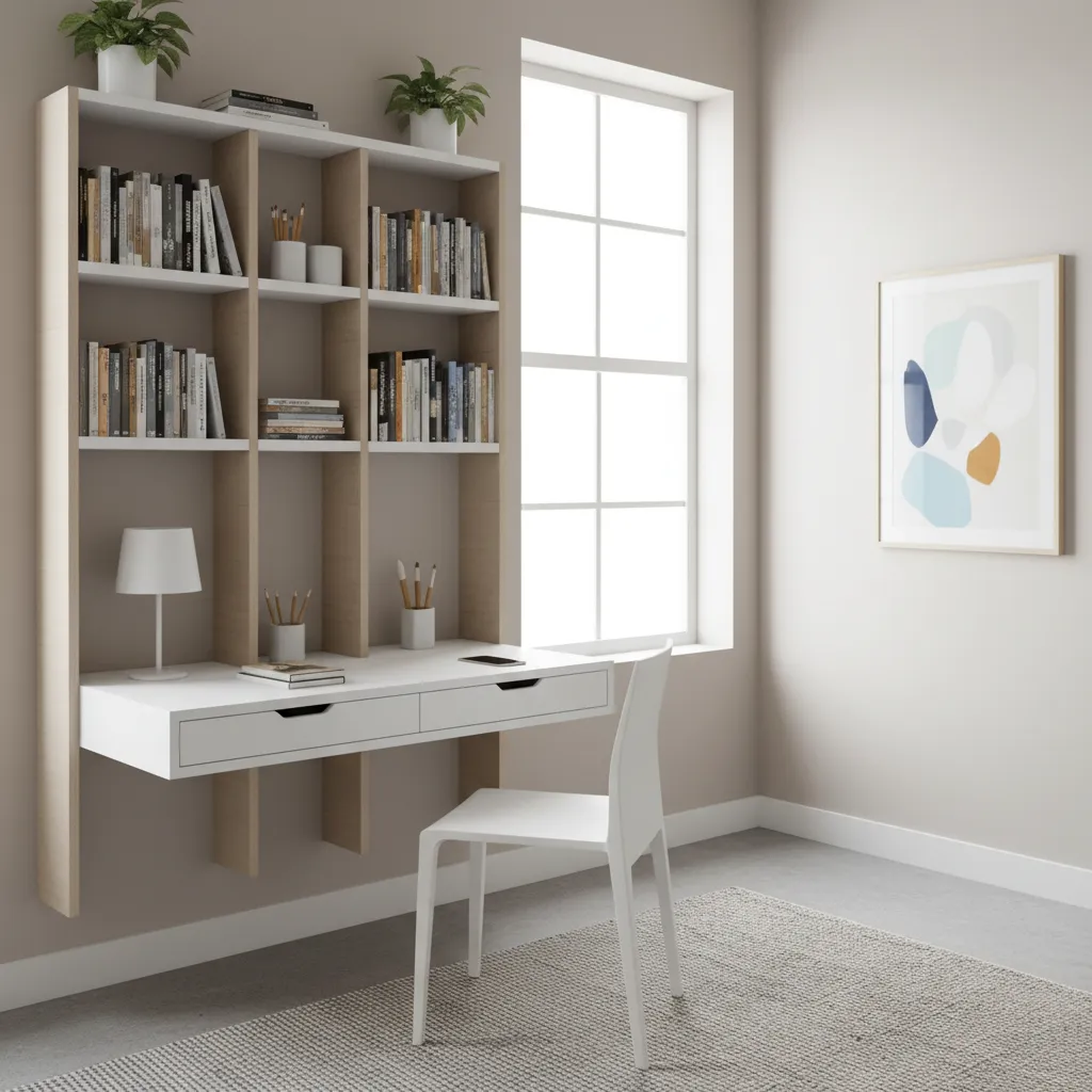 Wall mounted floating desk with vertical shelves in small study room