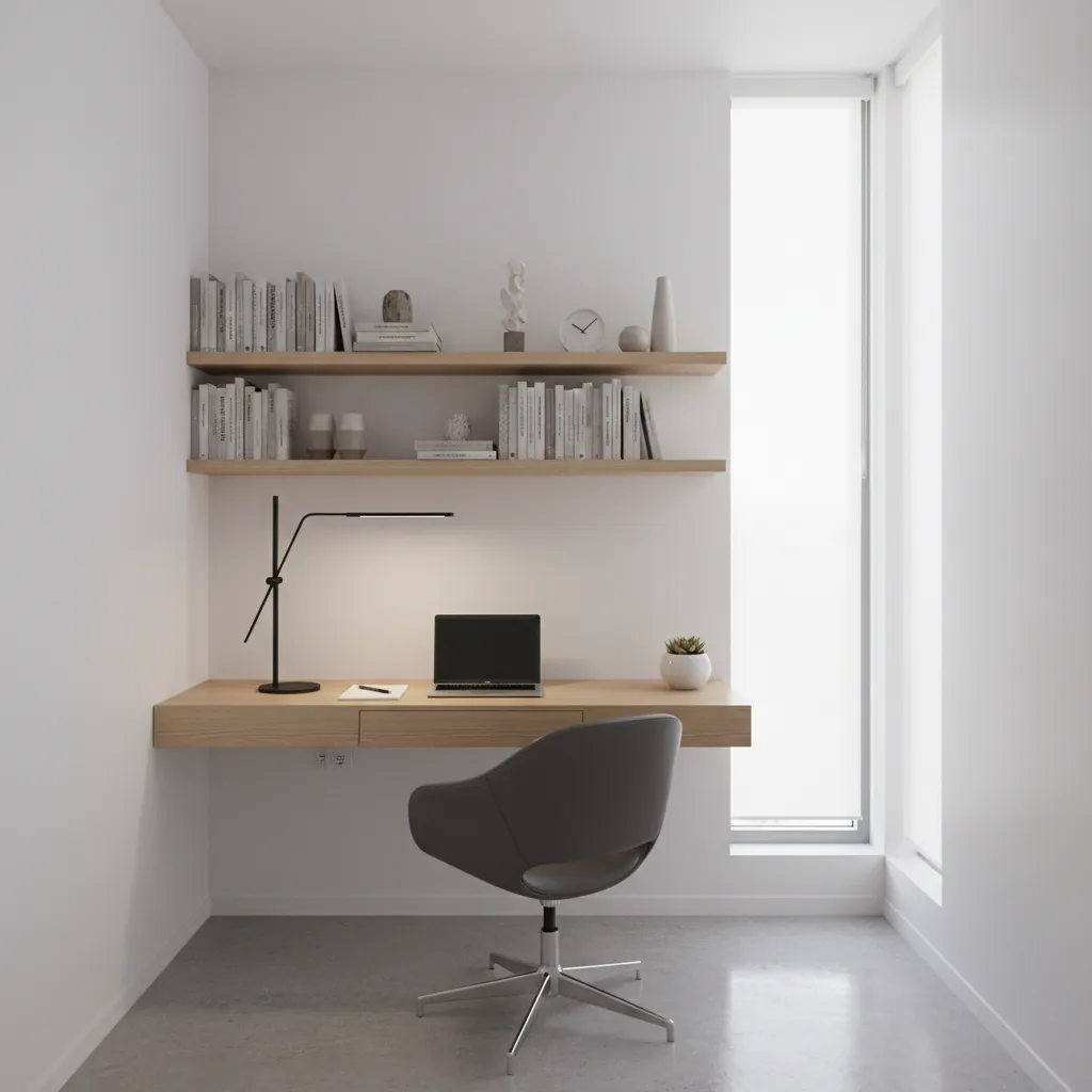 floating desk contemporary study room with wall shelving