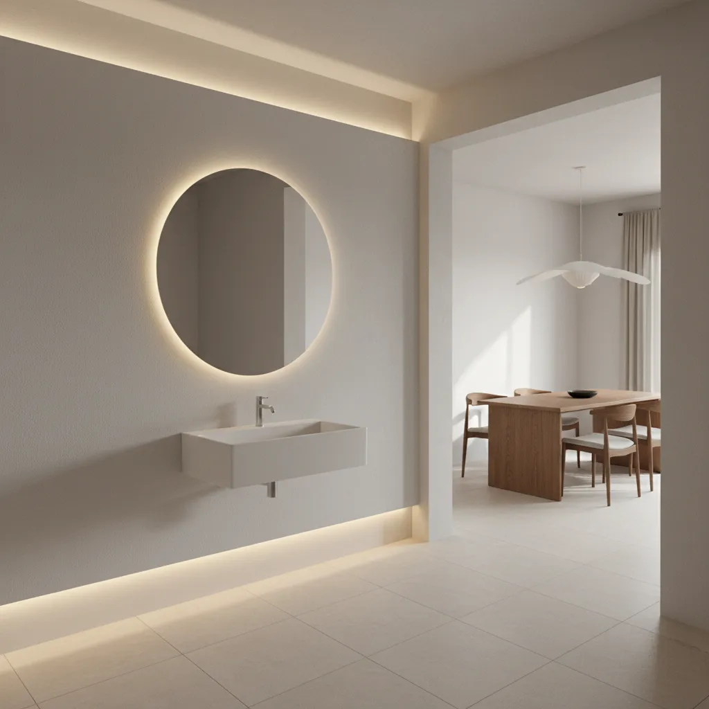 Floating wall mounted wash basin near modern dining room with round mirror