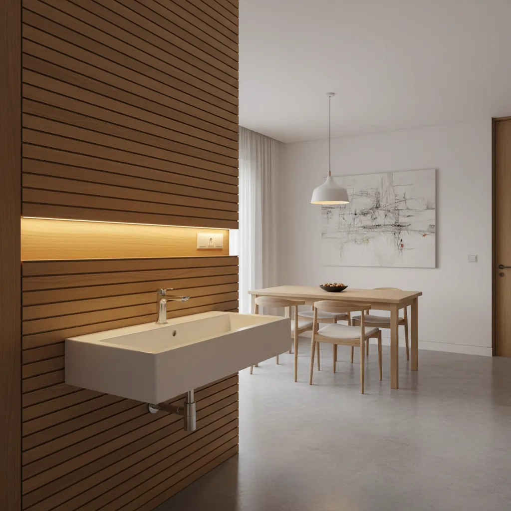 floating wall mounted wash basin design near dining space