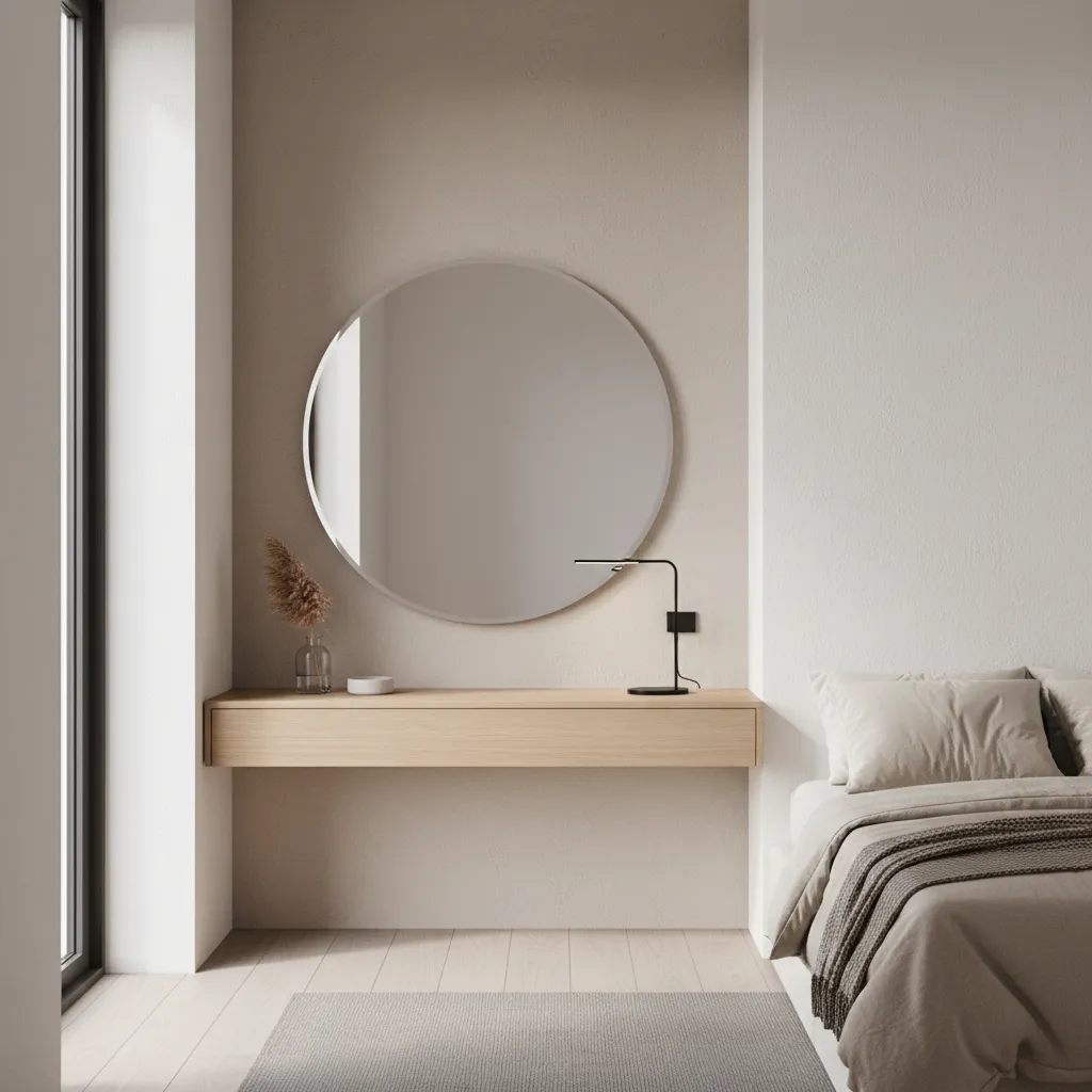 Wall mounted floating dressing table in a modern small bedroom