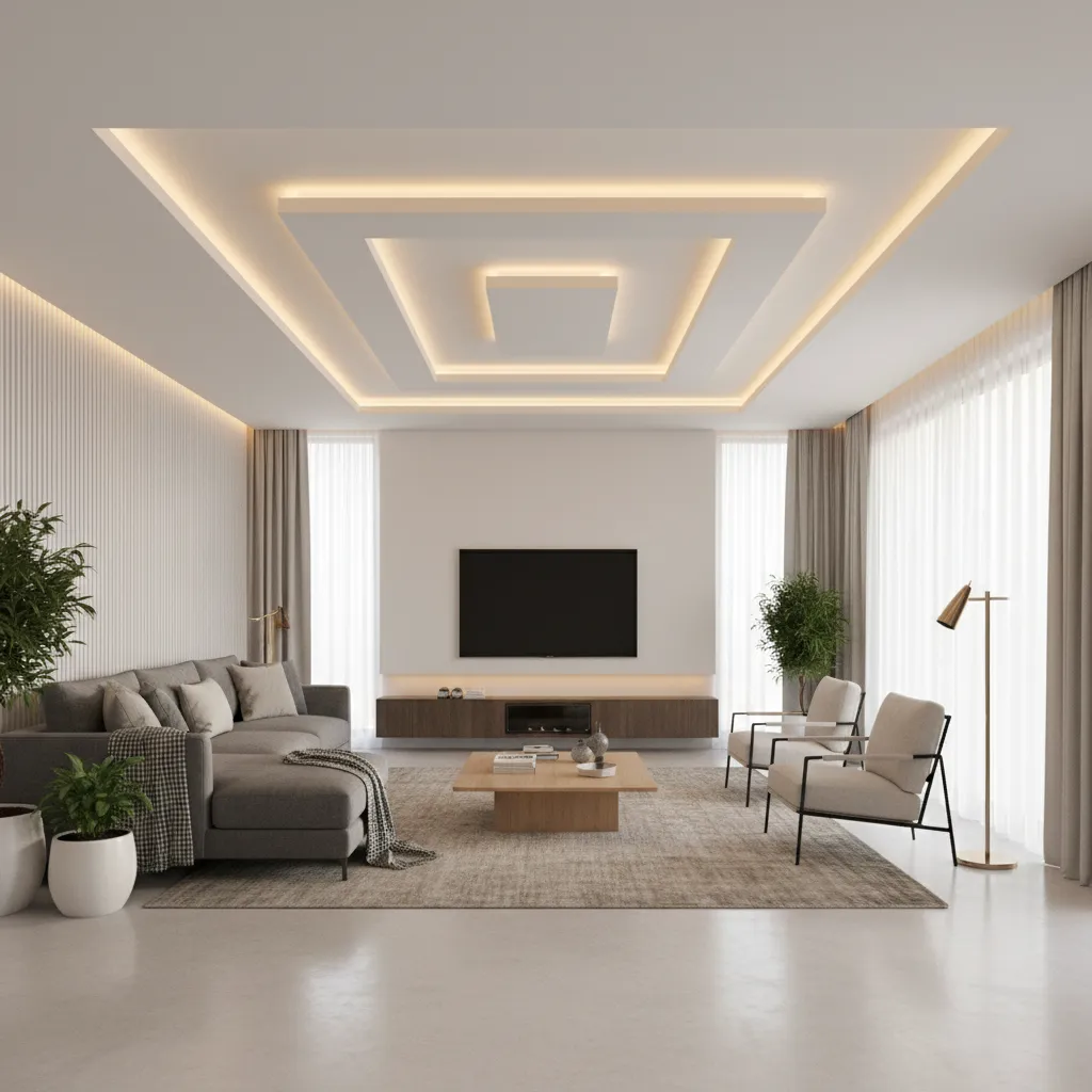 Floating false ceiling with hidden LED lighting in modern living room