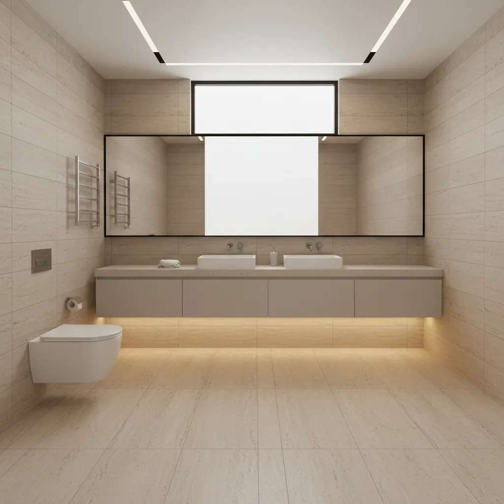 Bathroom with floating vanity and wall hung toilet creating open floor space