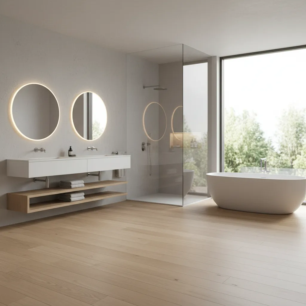 Floating vinyl plank floor installed in a modern bathroom interior