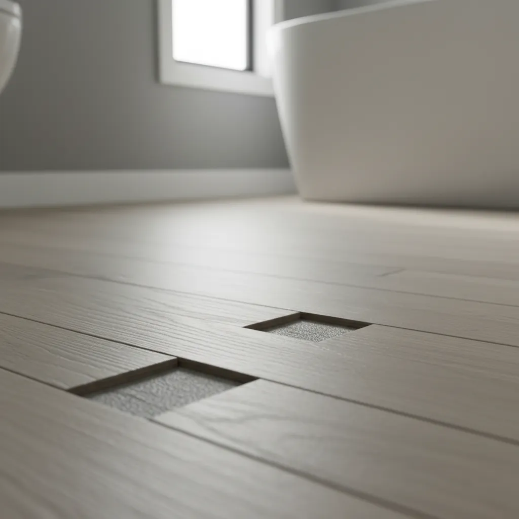 close view of gaps between floating laminate floor planks in bathroom